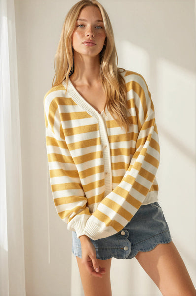 Classic Striped Cardigan - Ivory/Mustard